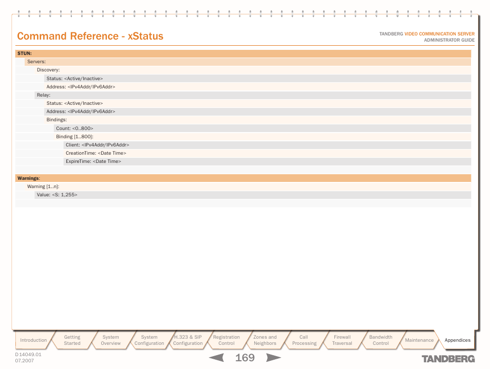 Text goes here, Command reference - xstatus | TANDBERG D14049.01 User Manual | Page 169 / 187