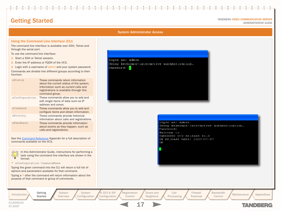 Using the command line interface (cli), Command line interface, Getting started | TANDBERG D14049.01 User Manual | Page 17 / 187