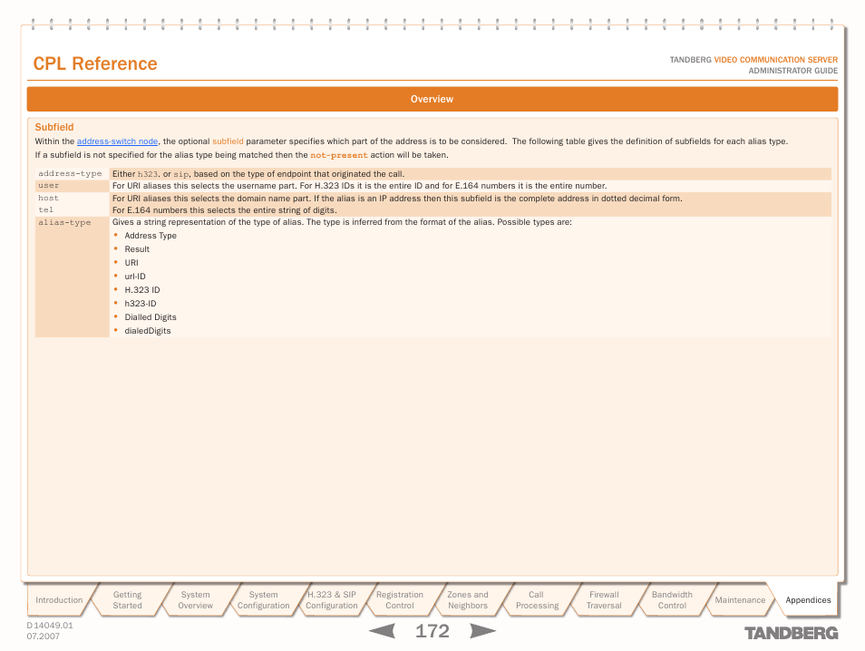 Subfield, Text goes here, Cpl reference | TANDBERG D14049.01 User Manual | Page 172 / 187