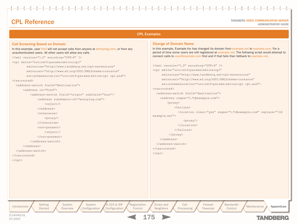 Call screening based on domain, Change of domain name, Text goes here | Cpl reference | TANDBERG D14049.01 User Manual | Page 175 / 187