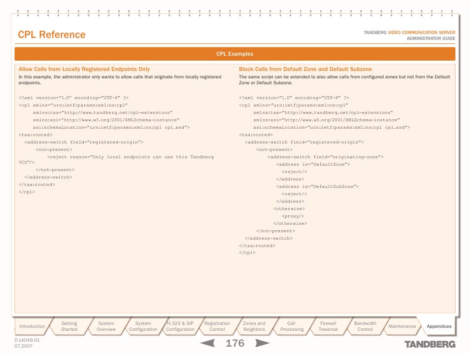 Allow calls from locally registered endpoints only, Block calls from default zone and default subzone, Text goes here | Cpl reference | TANDBERG D14049.01 User Manual | Page 176 / 187