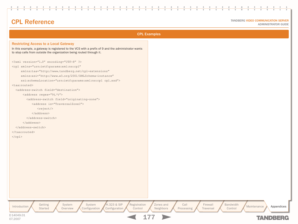 Restricting access to a local gateway, Text goes here, Cpl reference | TANDBERG D14049.01 User Manual | Page 177 / 187