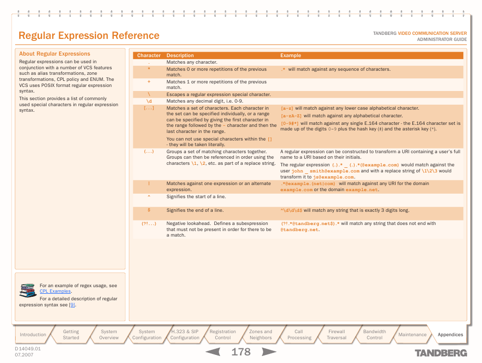Regular expression reference, About regular expressions, Regular expression | Reference, Text goes here | TANDBERG D14049.01 User Manual | Page 178 / 187