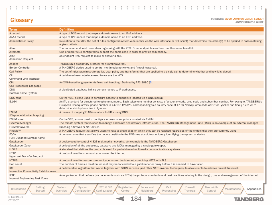 Glossary | TANDBERG D14049.01 User Manual | Page 184 / 187