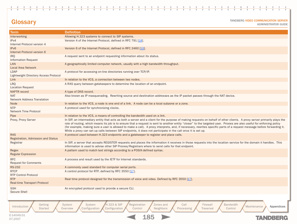 Glossary | TANDBERG D14049.01 User Manual | Page 185 / 187