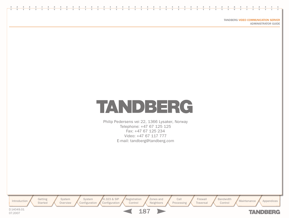 TANDBERG D14049.01 User Manual | Page 187 / 187