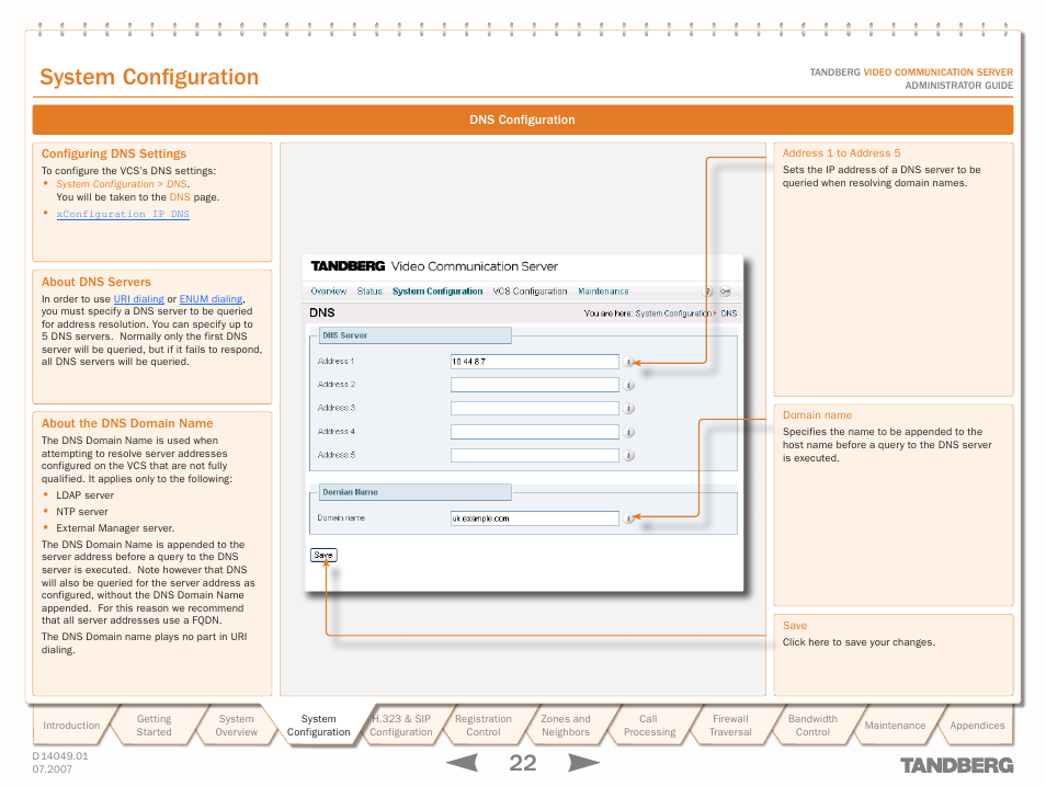 Dns configuration, Configuring dns settings, About dns servers | About the dns domain name, Configuration, Text, System configuration | TANDBERG D14049.01 User Manual | Page 22 / 187