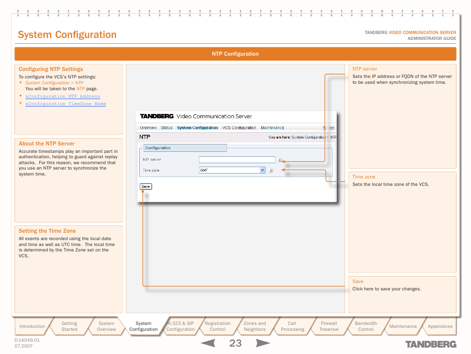 Ntp configuration, Configuring ntp settings, About the ntp server | Setting the time zone, Text, System configuration | TANDBERG D14049.01 User Manual | Page 23 / 187