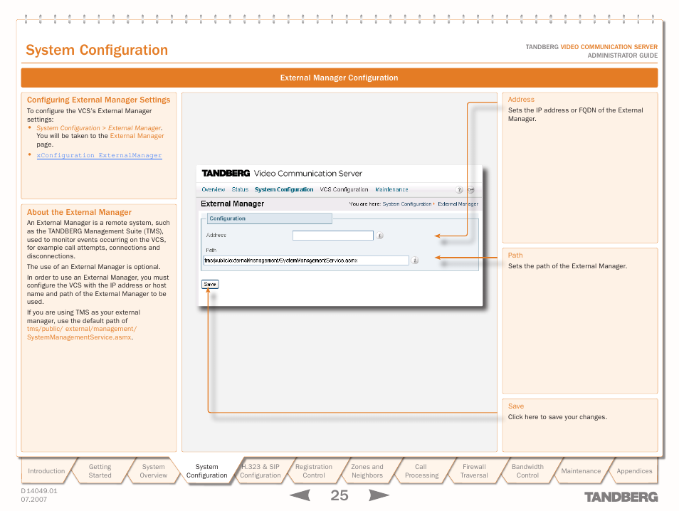 External manager configuration, Configuring external manager settings, About the external manager | Text, System configuration | TANDBERG D14049.01 User Manual | Page 25 / 187