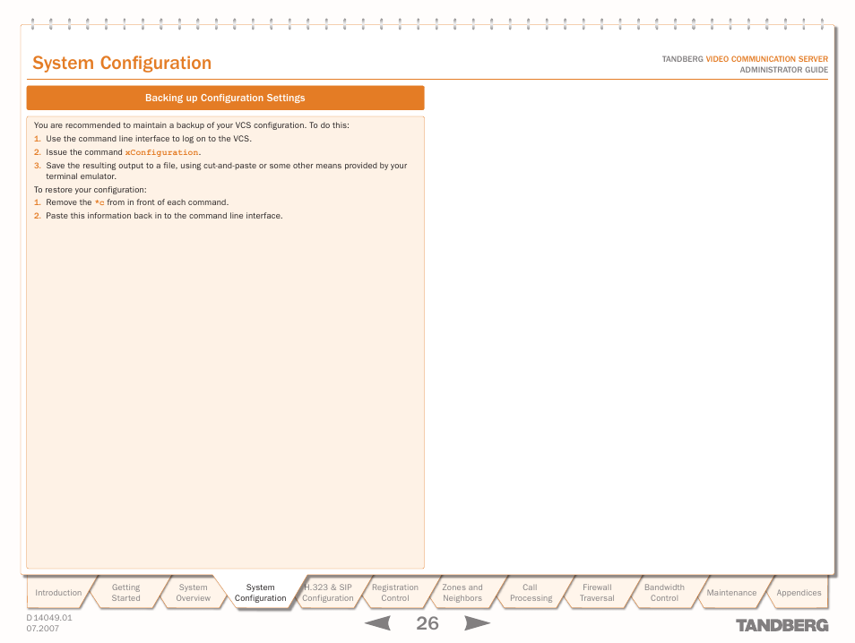 Backing up configuration settings, Text, System configuration | TANDBERG D14049.01 User Manual | Page 26 / 187
