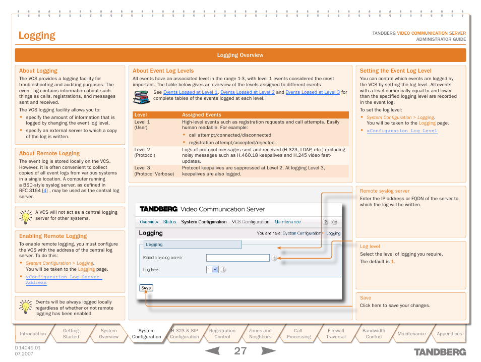 Logging, Logging overview, About logging | About remote logging, Enabling remote logging, About event log levels, Setting the event log level | TANDBERG D14049.01 User Manual | Page 27 / 187