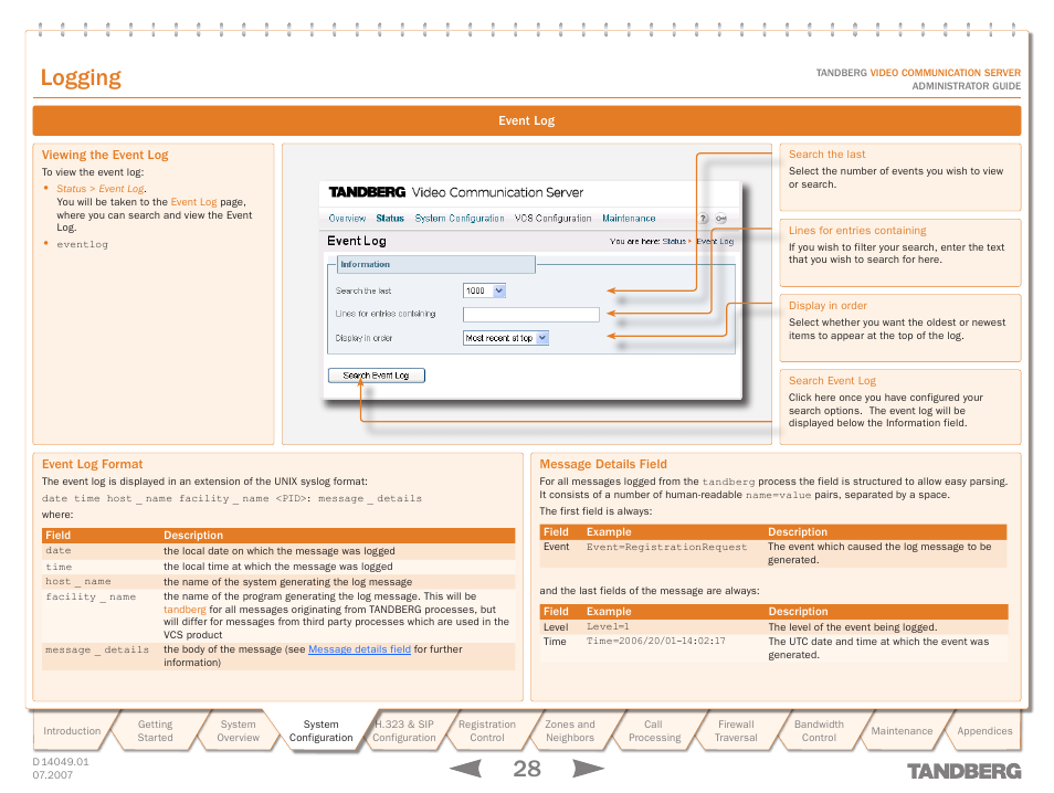 Event log, Viewing the event log, Event log format | Message details field, Logging | TANDBERG D14049.01 User Manual | Page 28 / 187