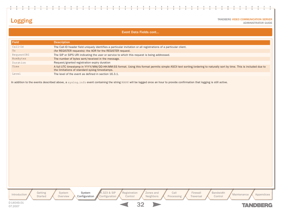 Logging | TANDBERG D14049.01 User Manual | Page 32 / 187