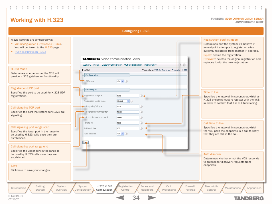 Configuring h.323, Text goes here, Working with h.33 | TANDBERG D14049.01 User Manual | Page 34 / 187