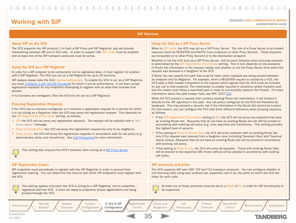 Working with sip, Sip overview, About sip on the vcs | Using the vcs as a sip registrar, Proxying registration requests, Sip registration expiry, Using the vcs as a sip proxy server, Sip protocols and ports, Text goes here | TANDBERG D14049.01 User Manual | Page 35 / 187