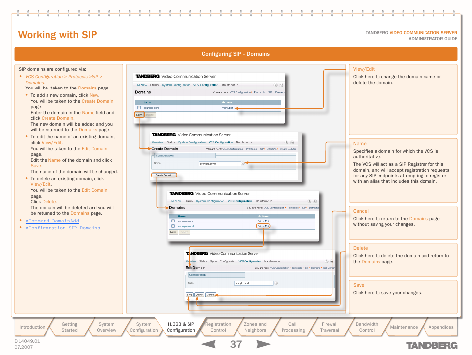 Configuring sip - domains, Configure it with the sip domain, Text goes here | Working with sip | TANDBERG D14049.01 User Manual | Page 37 / 187