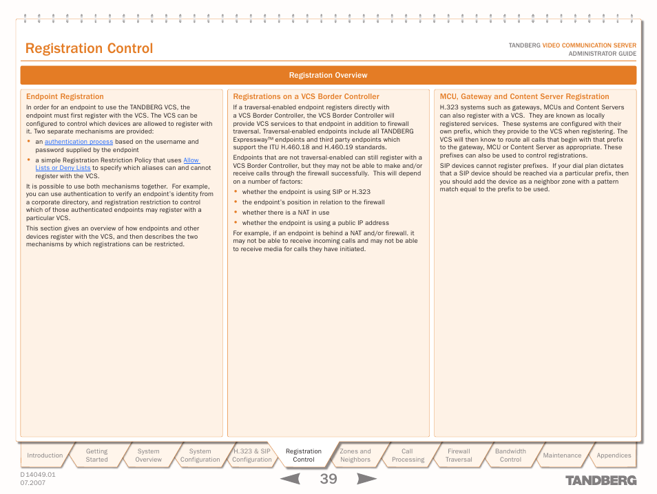 Registration control, Registration overview, Endpoint registration | Registrations on a vcs border controller, Mcu, gateway and content server registration, Registration, Control, Text goes here | TANDBERG D14049.01 User Manual | Page 39 / 187