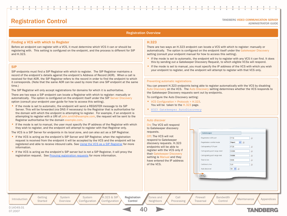 Finding a vcs with which to register, H.323, Sip h.323 | Text goes here, Registration control | TANDBERG D14049.01 User Manual | Page 40 / 187