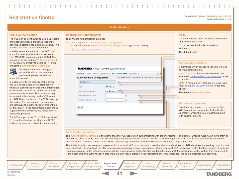 Authentication, About authentication, Configuring authentication | About authentication configuring authentication, Authentication process, Text goes here, Registration control | TANDBERG D14049.01 User Manual | Page 41 / 187