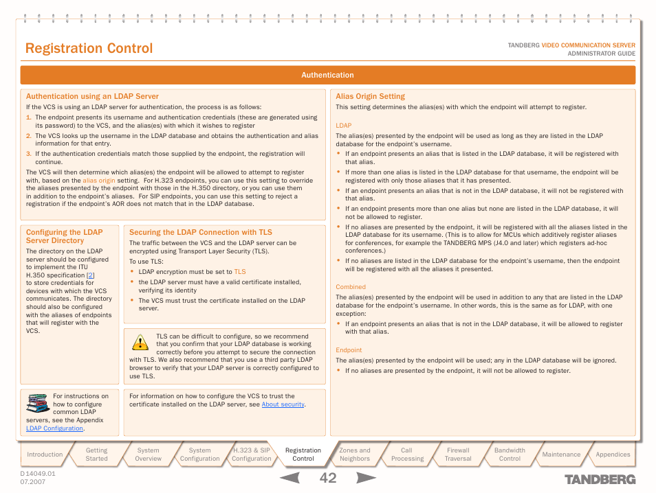 Authentication using an ldap server, Configuring the ldap server directory, Securing the ldap connection with tls | Alias origin setting, Text goes here, Registration control | TANDBERG D14049.01 User Manual | Page 42 / 187