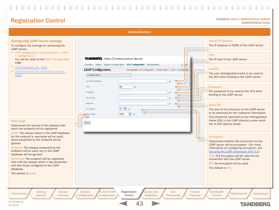 Configuring ldap server settings, Configure the ldap server, Text goes here | Registration control | TANDBERG D14049.01 User Manual | Page 43 / 187