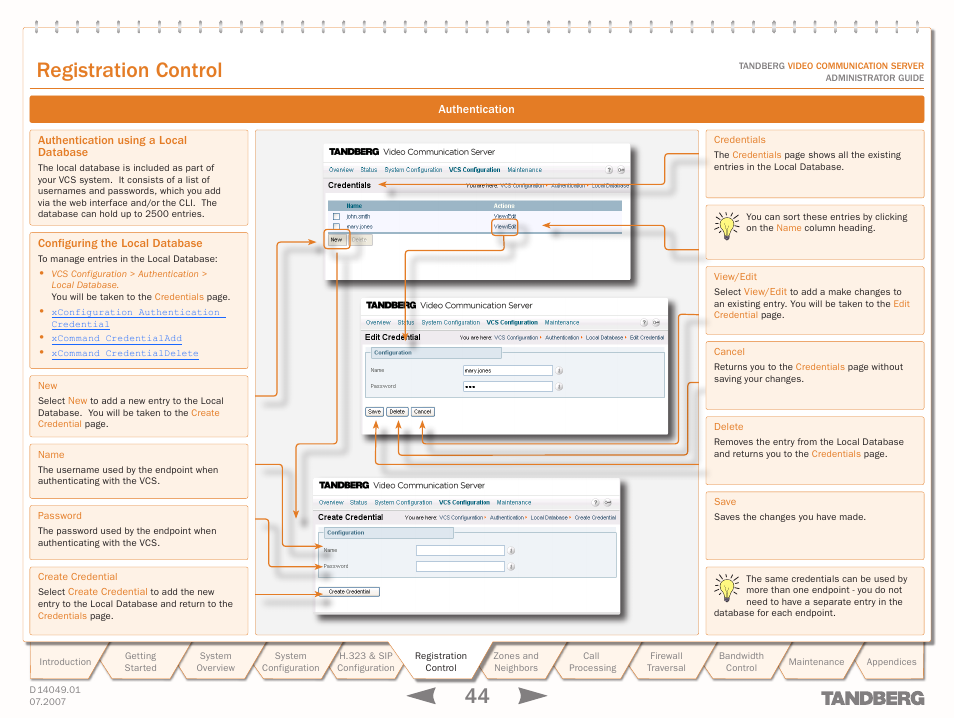 Authentication using a local database, Configuring the local database, Configure the local database | Text goes here, Registration control | TANDBERG D14049.01 User Manual | Page 44 / 187