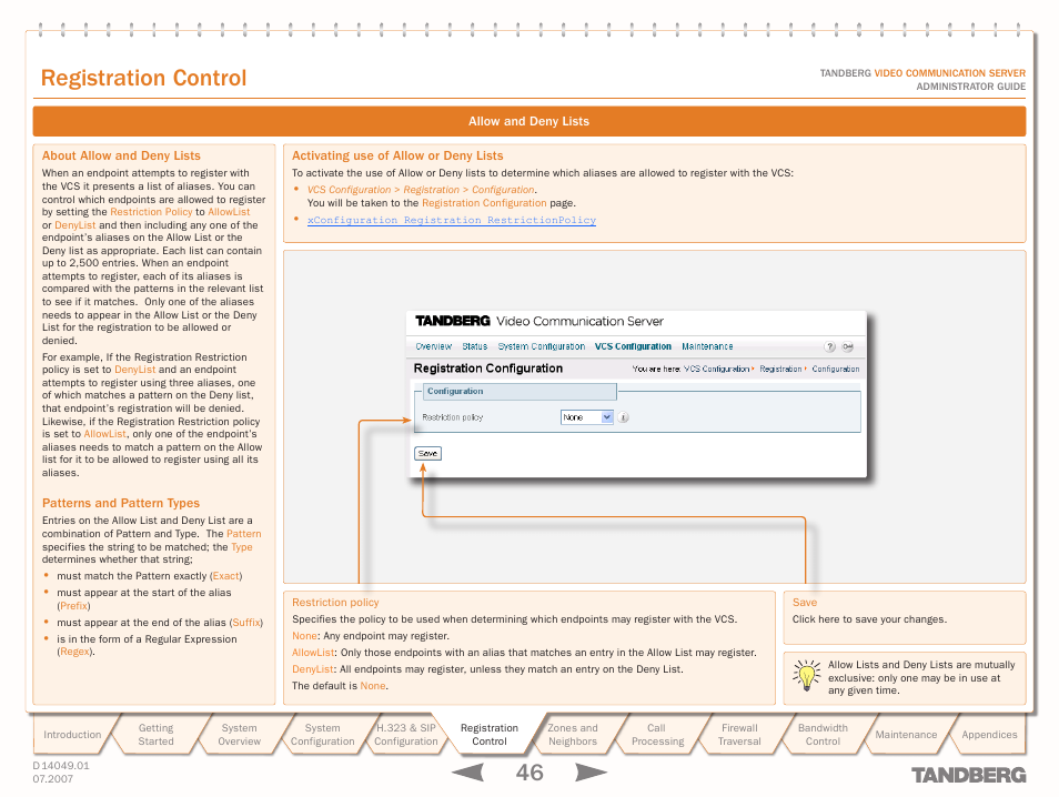 Allow and deny lists, About allow and deny lists, Patterns and pattern types | Activating use of allow or deny lists, Allow, Lists or deny lists, Text goes here, Registration control | TANDBERG D14049.01 User Manual | Page 46 / 187