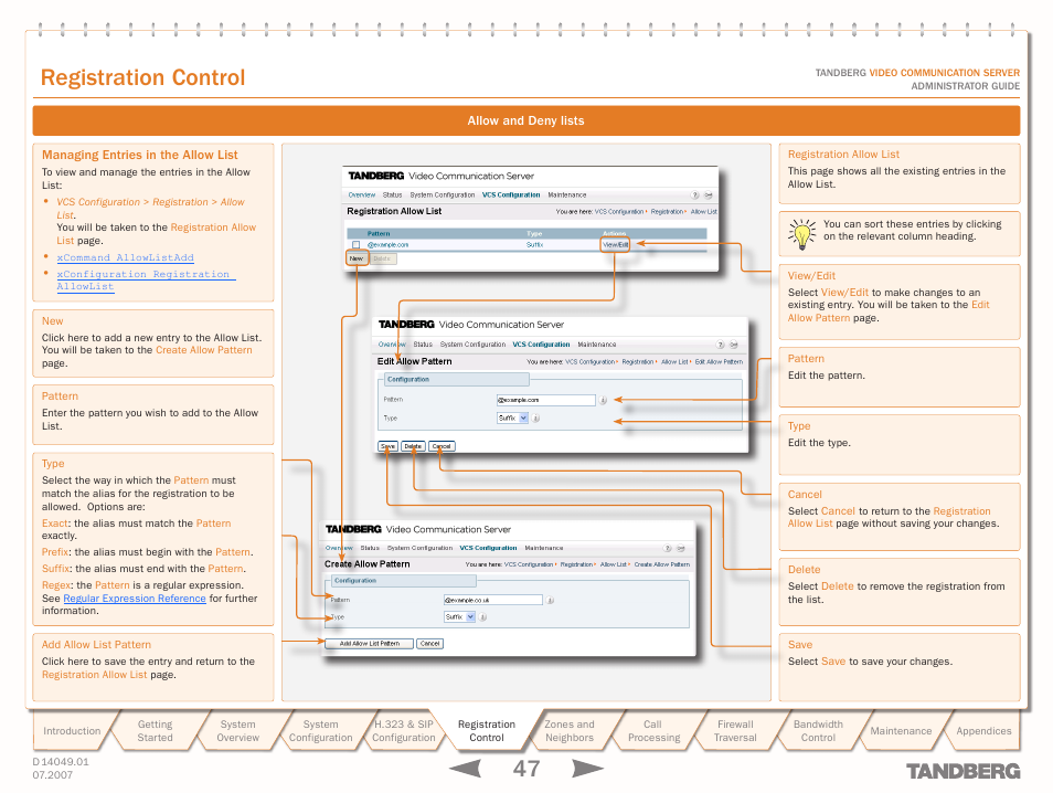 Managing entries in the allow list, Text goes here, Registration control | TANDBERG D14049.01 User Manual | Page 47 / 187