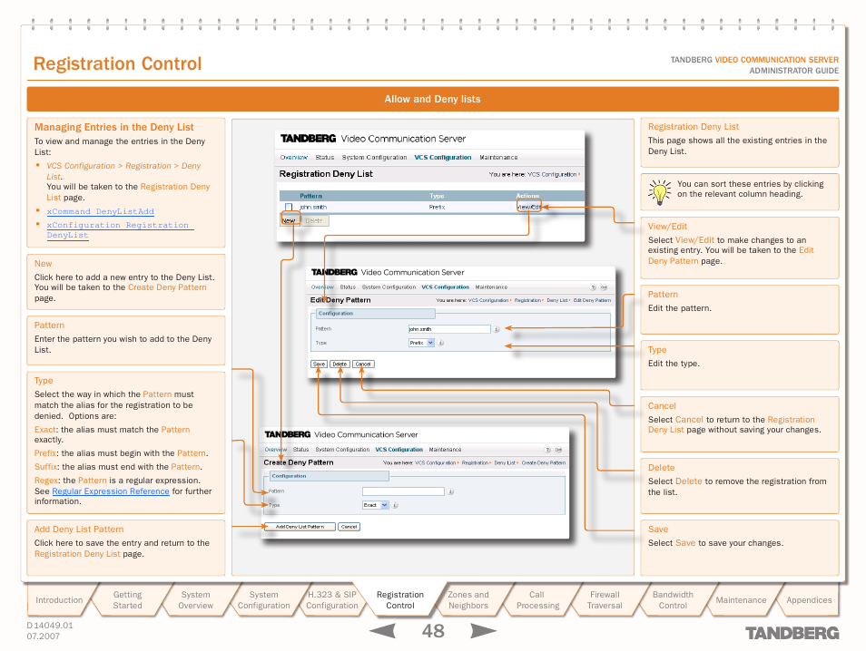 Managing entries in the deny list, Text goes here, Registration control | TANDBERG D14049.01 User Manual | Page 48 / 187