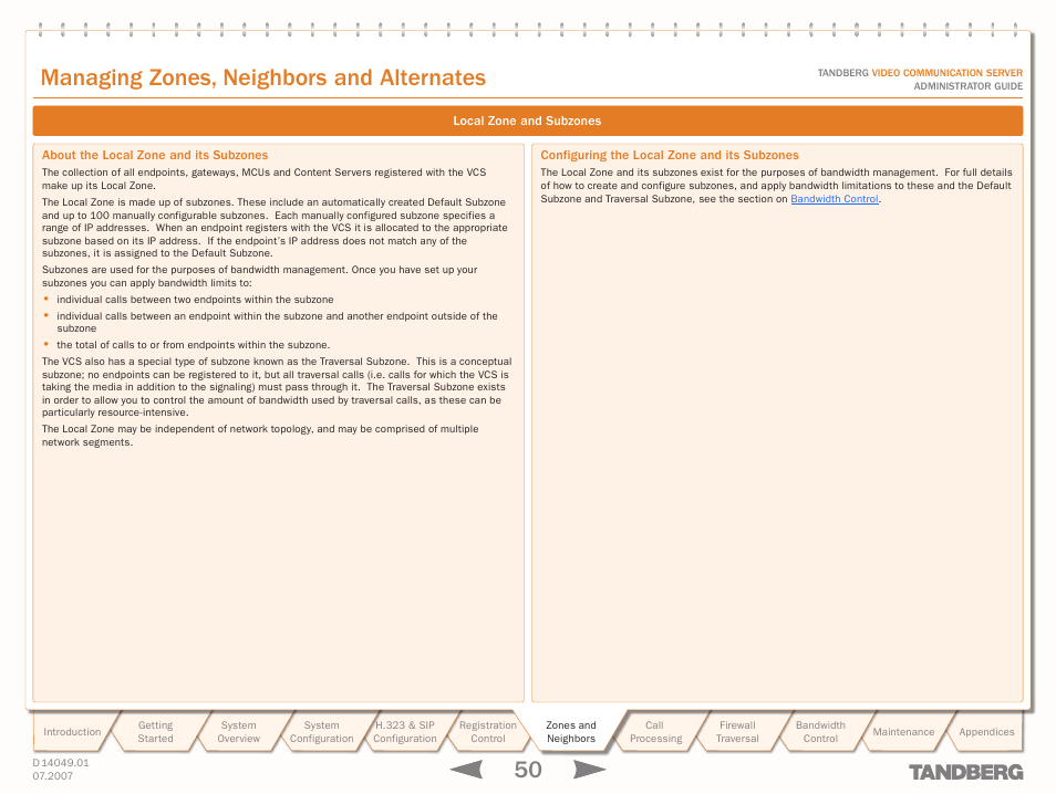 Local zone and subzones, About the local zone and its subzones, Configuring the local zone and its subzones | Managing zones, neighbors and alternates | TANDBERG D14049.01 User Manual | Page 50 / 187