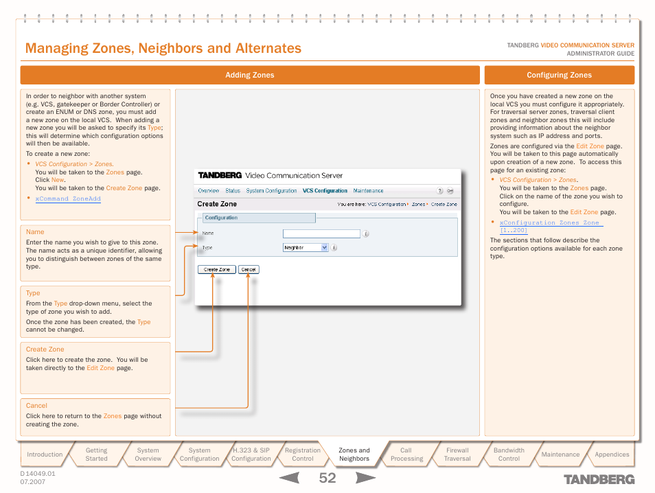 Adding zones, Configuring zones, Managing zones, neighbors and alternates | TANDBERG D14049.01 User Manual | Page 52 / 187