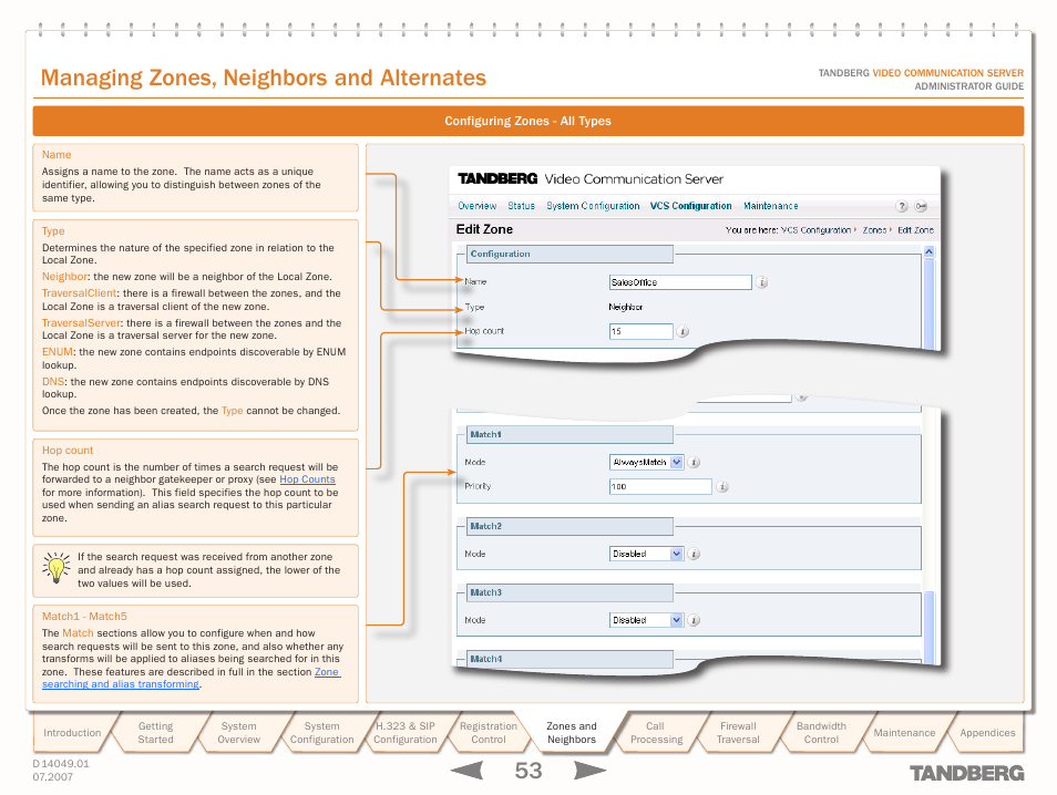 Configuring zones - all types, Managing zones, neighbors and alternates | TANDBERG D14049.01 User Manual | Page 53 / 187