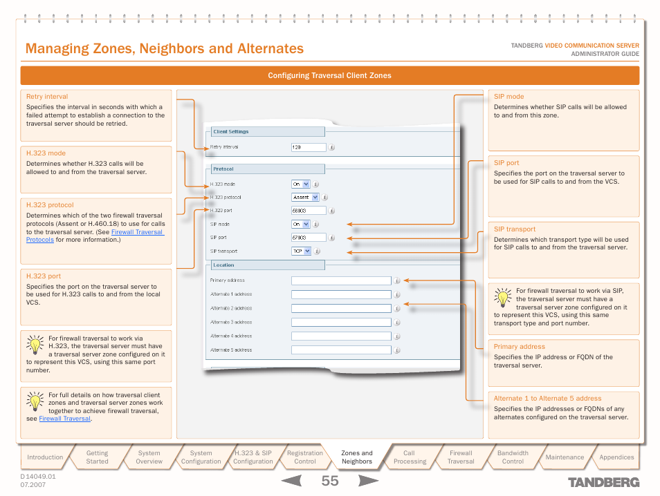 Configuring traversal client zones, Managing zones, neighbors and alternates | TANDBERG D14049.01 User Manual | Page 55 / 187