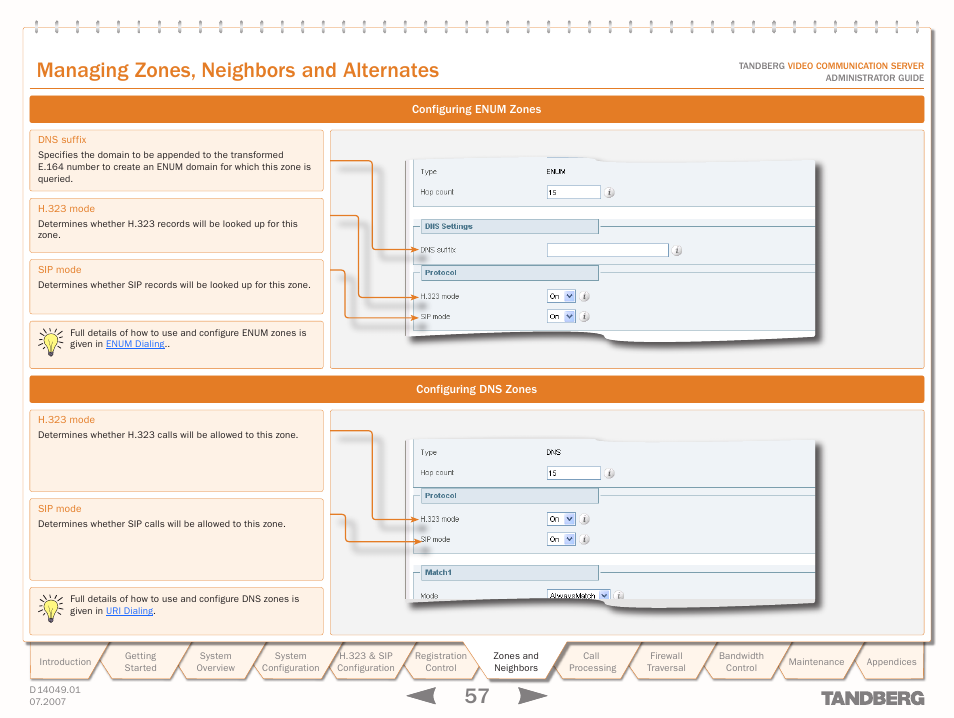 Configuring enum zones, Configuring dns zones, Managing zones, neighbors and alternates | TANDBERG D14049.01 User Manual | Page 57 / 187