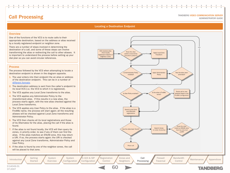 Call processing, Locating a destination endpoint, Overview | Process, Call, Processing, Overview process, 60 text goes here | TANDBERG D14049.01 User Manual | Page 60 / 187