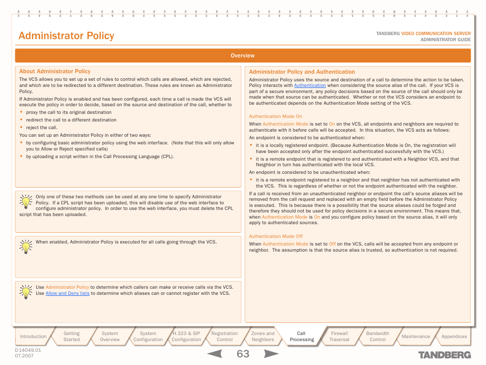 Administrator policy, Overview, About administrator policy | Administrator policy and authentication | TANDBERG D14049.01 User Manual | Page 63 / 187