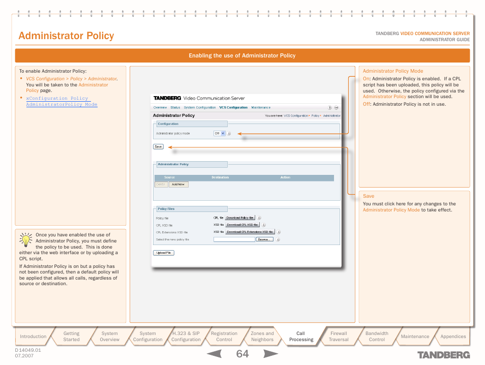 Enabling the use of administrator policy, Administrator policy | TANDBERG D14049.01 User Manual | Page 64 / 187