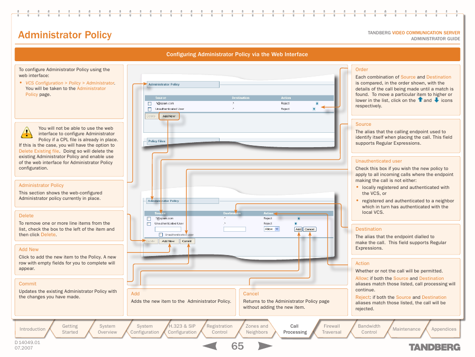 Administrator policy | TANDBERG D14049.01 User Manual | Page 65 / 187