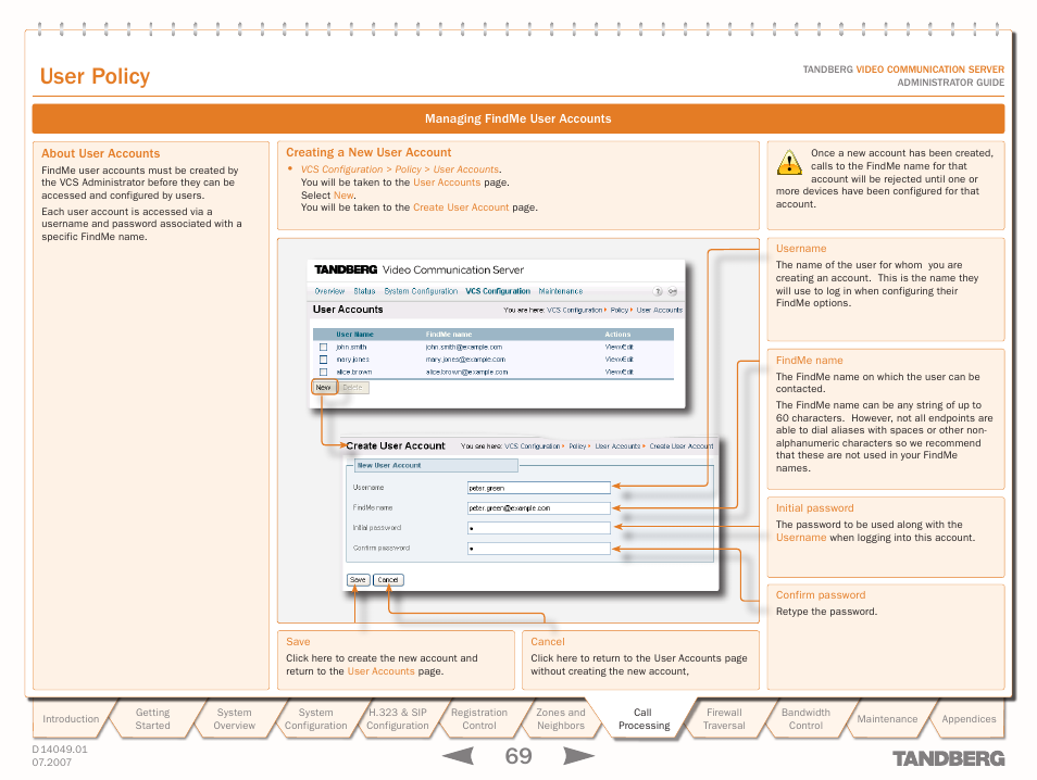 Managing findme user accounts, About user accounts, Creating a new user account | About user accounts creating a new user account, Creates a user account, 69 text goes here, Text goes here, User policy | TANDBERG D14049.01 User Manual | Page 69 / 187