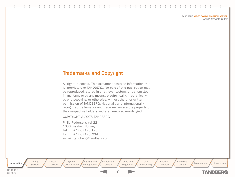 Trademarks and copyright | TANDBERG D14049.01 User Manual | Page 7 / 187