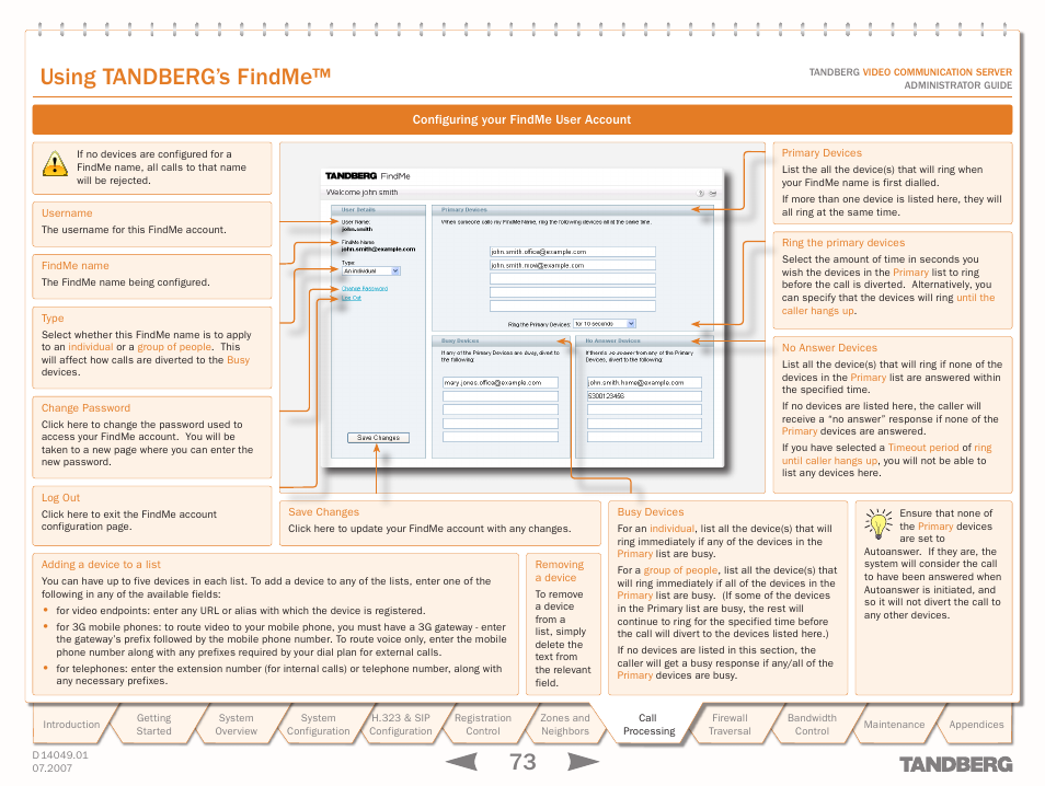 Configuring your findme user account, Configures their account, Settings | Configure, Your findme options, Using tandberg’s findme | TANDBERG D14049.01 User Manual | Page 73 / 187