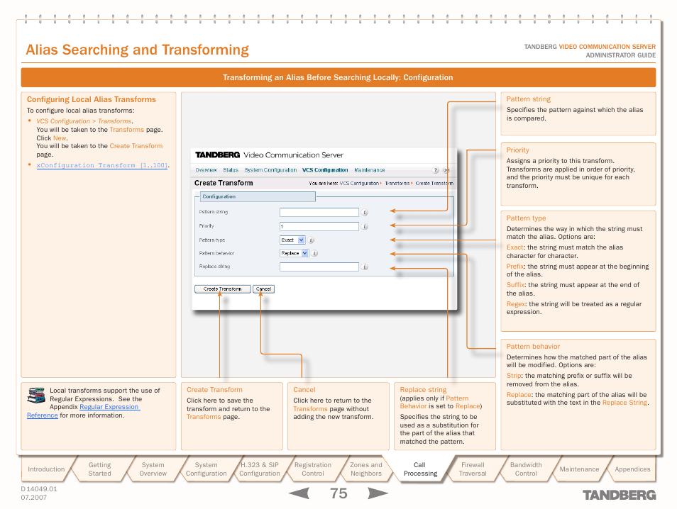 Configuring local alias transforms, Text goes here, Alias searching and transforming | TANDBERG D14049.01 User Manual | Page 75 / 187