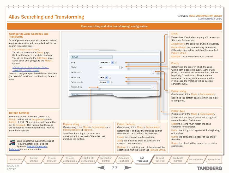 Configuring zone searches and transforms, Default settings, Text goes here | Alias searching and transforming | TANDBERG D14049.01 User Manual | Page 77 / 187
