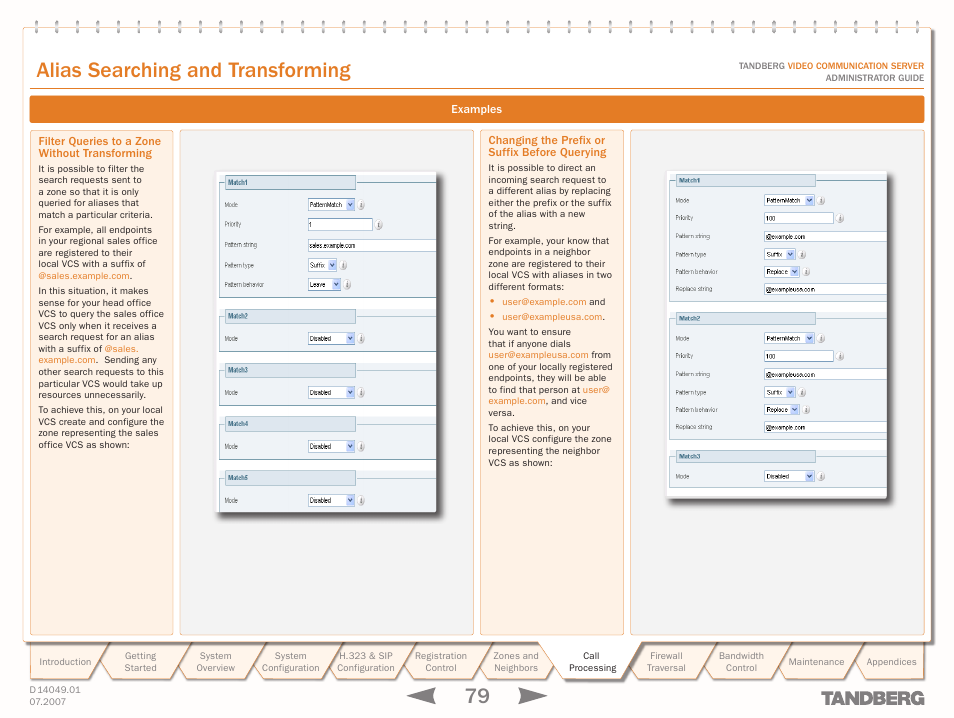 Filter queries to a zone without transforming, Changing the prefix or suffix before querying, Text goes here | Alias searching and transforming | TANDBERG D14049.01 User Manual | Page 79 / 187