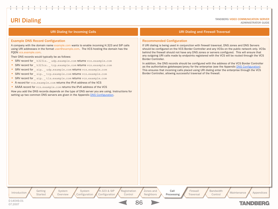 Example dns record configuration, Uri dialing and firewall traversal, Recommended configuration | Dialing and firewall traversal, Text goes here, Uri dialing | TANDBERG D14049.01 User Manual | Page 86 / 187