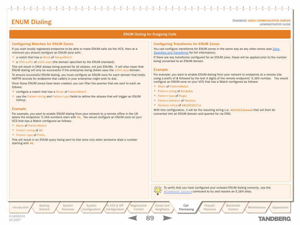 Configuring matches for enum zones, Example, Configuring transforms for enum zones | Text goes here, Enum dialing | TANDBERG D14049.01 User Manual | Page 89 / 187