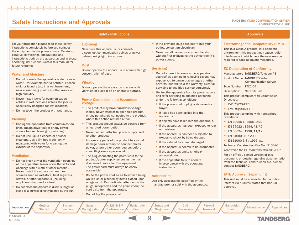 Safety instructions and approvals | TANDBERG D14049.01 User Manual | Page 9 / 187