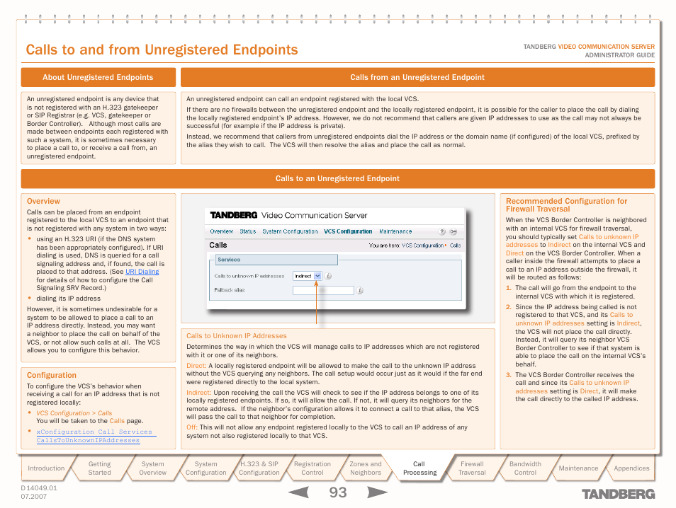 Calls to and from unregistered endpoints, About unregistered endpoints, Calls to an unregistered endpoint | Overview, Configuration, Calls from an unregistered endpoint, Recommended configuration for firewall traversal, Overview configuration, Calls to unknown ip addresses, Calls from an | TANDBERG D14049.01 User Manual | Page 93 / 187