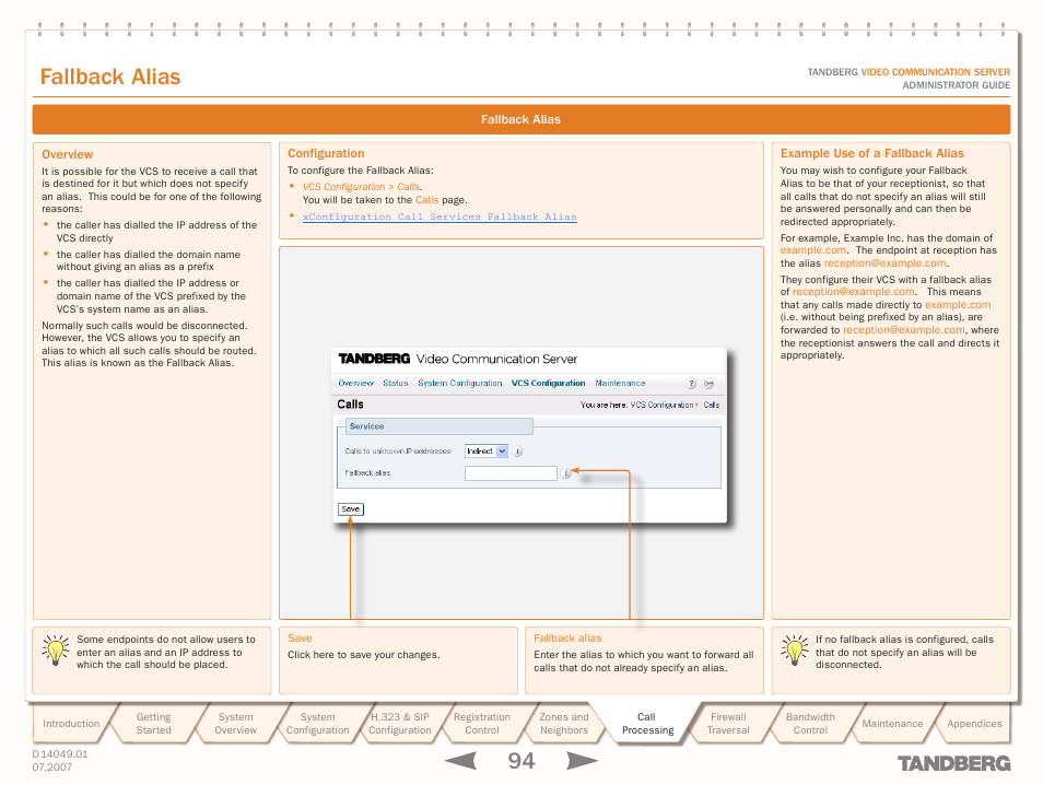 Fallback alias, Overview, Configuration | Example use of a fallback alias, Text goes here | TANDBERG D14049.01 User Manual | Page 94 / 187