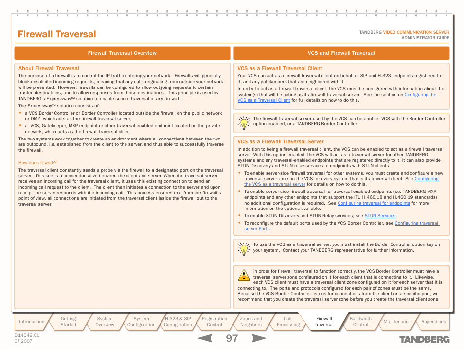 Firewall traversal, Firewall traversal overview, About firewall traversal | Vcs and firewall traversal, Vcs as a firewall traversal client, Vcs as a firewall traversal server, Firewall, Traversal | TANDBERG D14049.01 User Manual | Page 97 / 187